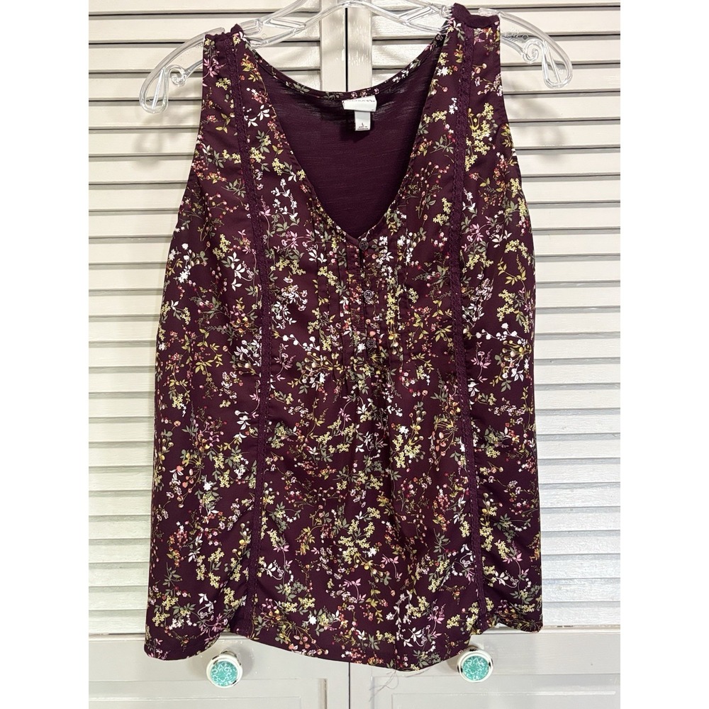 Merona Floral Sleeveless Blouse Size Large V Neck Burgundy Chiffon Front